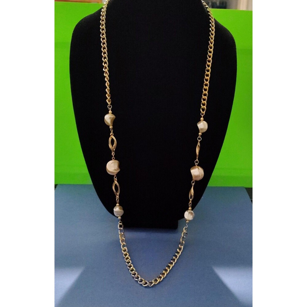 Vintage Gold Tone Faux Baroque Pearl Chain Necklace 34" Chunky Costume Jewelry 1